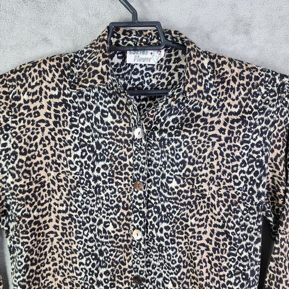 Women's Vintage Cactus Flower Leopard Print Button-Up Shirt Rayon Long Sleeve S - Picture 5 of 11